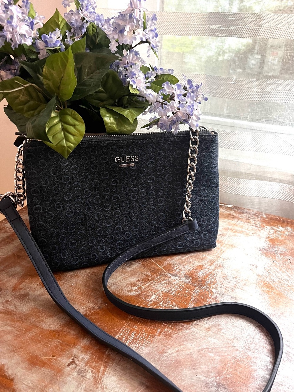 GUESS Navy Blue Logo Monogram Crossbody with Silver Chain